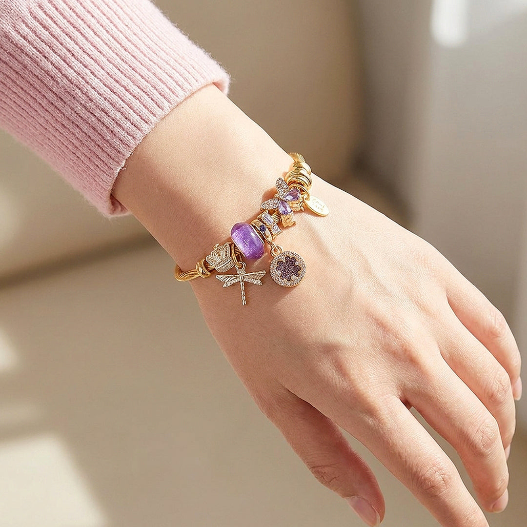 Dragonfly &amp; Clover Charm Bangle | Diamond Simulant | Luxe6237