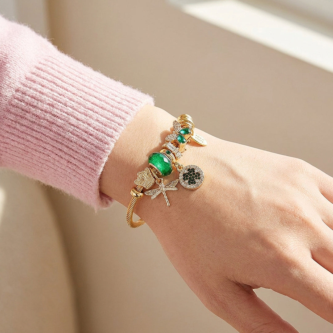 Dragonfly &amp; Clover Charm Bangle | Diamond Simulant | Luxe6237