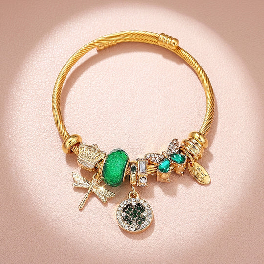 Dragonfly &amp; Clover Charm Bangle | Diamond Simulant | Luxe6237