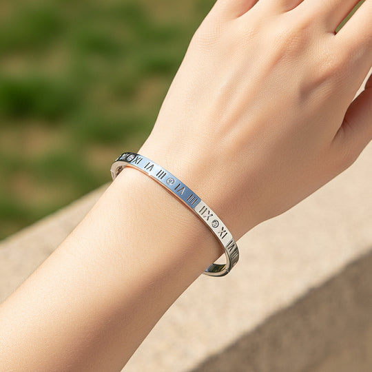 Roman Numeral Iconic Hinge Bangle | High-Brilliance Diamond Simulant | Titanium Steel | Luxe6250