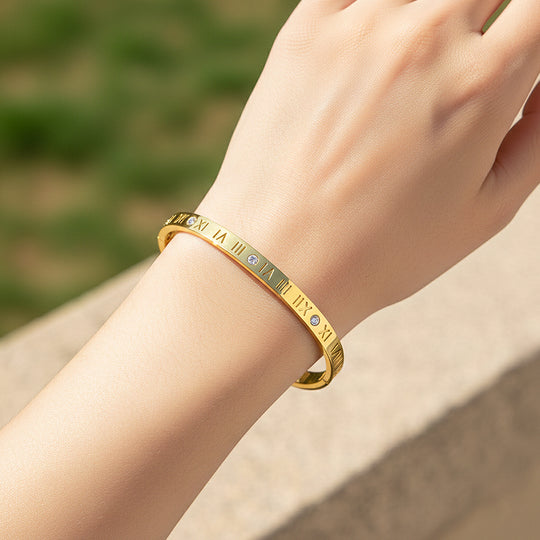 Roman Numeral Iconic Hinge Bangle | High-Brilliance Diamond Simulant | Titanium Steel | Luxe6250