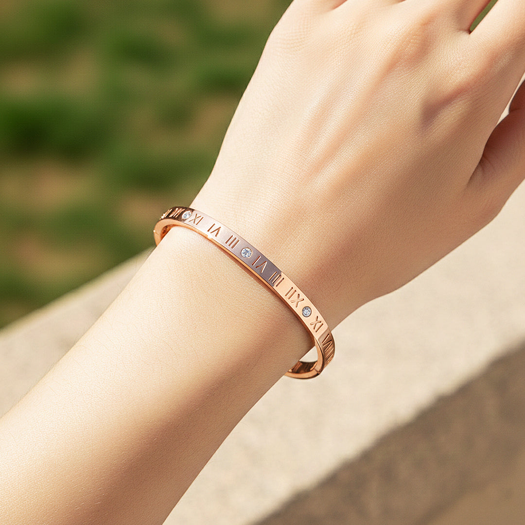 Roman Numeral Iconic Hinge Bangle | High-Brilliance Diamond Simulant | Titanium Steel | Luxe6250