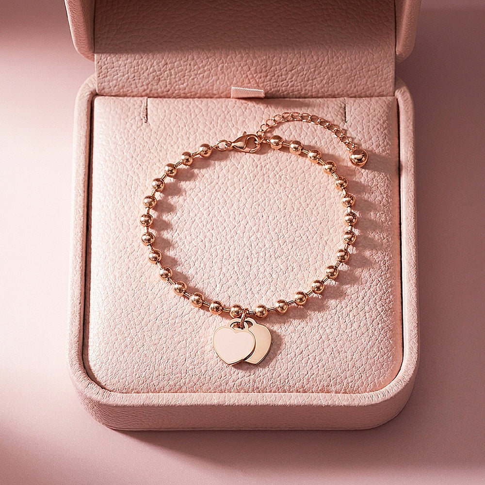 Double Heart Ball Chain Bracelet | Rose Gold | Luxe6313