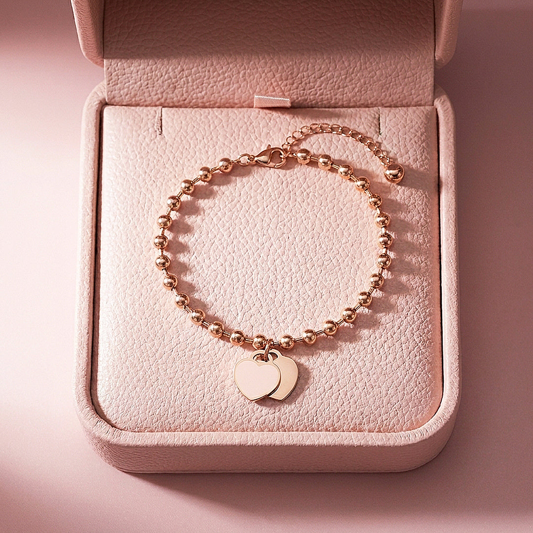 Double Heart Ball Chain Bracelet | Rose Gold | Luxe6313