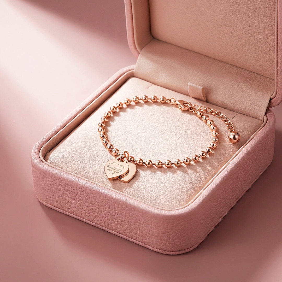Double Heart Ball Chain Bracelet | Rose Gold | Luxe6313