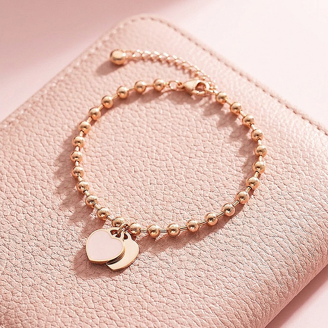 Double Heart Ball Chain Bracelet | Rose Gold | Luxe6313