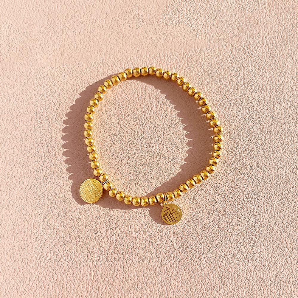 Double Fortune Xi & Fu Beaded Bracelet | 18K Gold | Luxe6530
