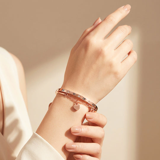 Roman Numeral Rose Gold Bangle Bracelet &amp; Heart Charm | Luxe6548 - bangle | Singapore Jewellery, Wedding Rings &amp; Gifts | Same Day Delivery | Tiara.com.sg