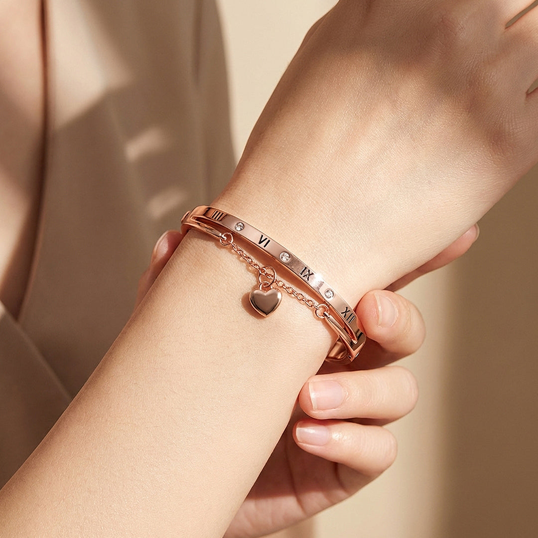 Roman Numeral Rose Gold Bangle Bracelet &amp; Heart Charm | Luxe6548 - bangle | Singapore Jewellery, Wedding Rings &amp; Gifts | Same Day Delivery | Tiara.com.sg