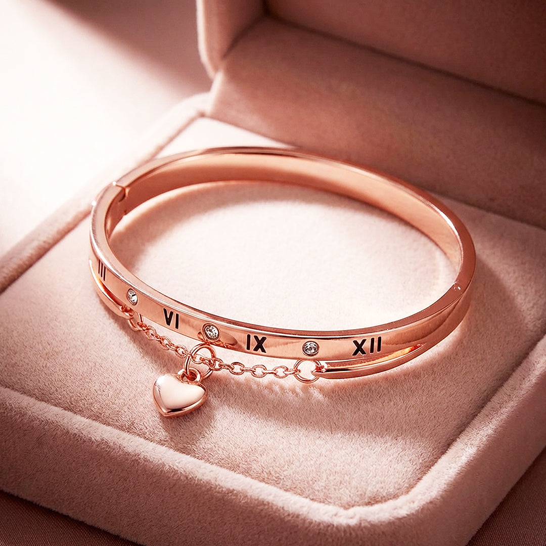 Roman Numeral Rose Gold Bangle Bracelet &amp; Heart Charm | Luxe6548 - bangle | Singapore Jewellery, Wedding Rings &amp; Gifts | Same Day Delivery | Tiara.com.sg