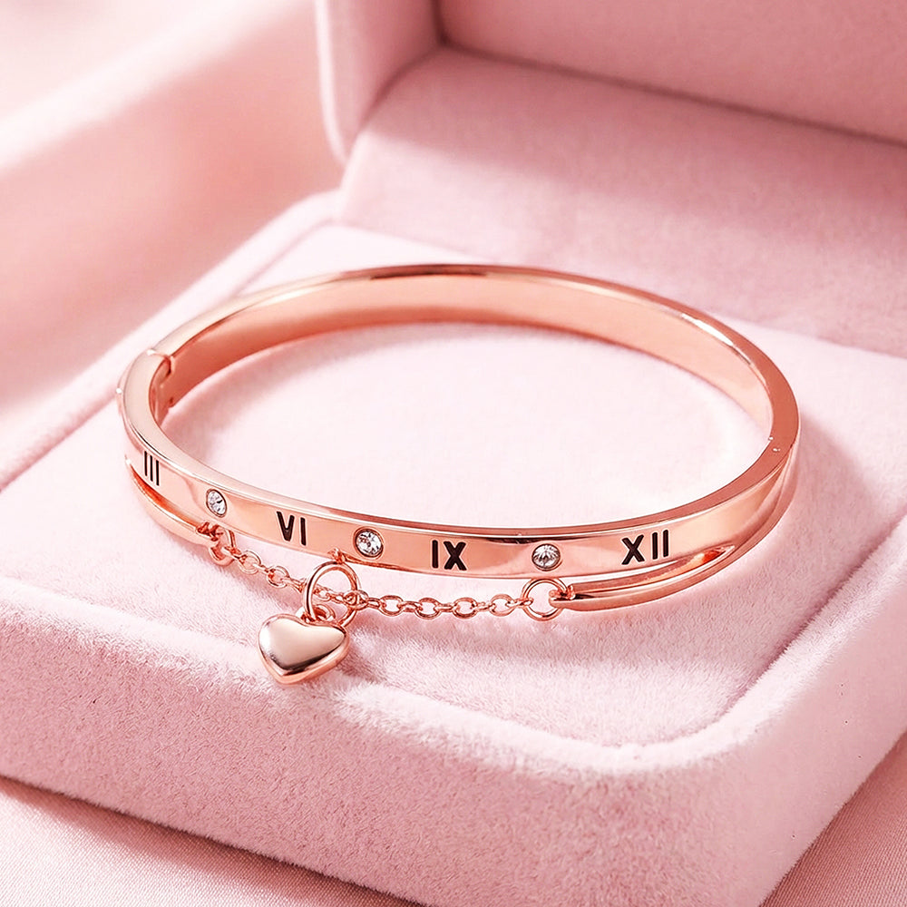 Roman Numeral Rose Gold Bangle Bracelet & Heart Charm | Luxe6548 - bangle | Singapore Jewellery, Wedding Rings & Gifts | Same Day Delivery | Tiara.com.sg