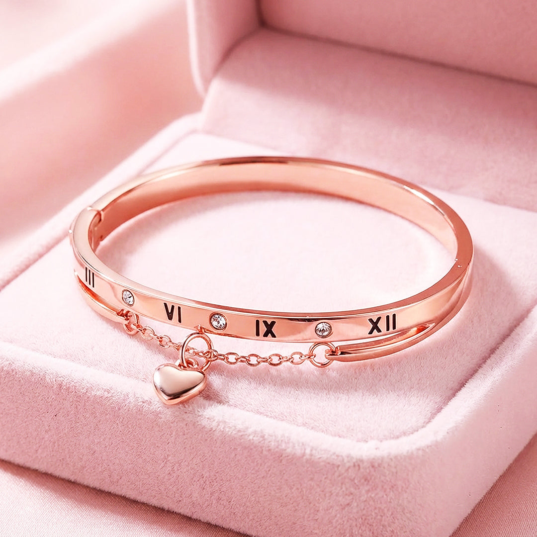 Roman Numeral Rose Gold Bangle Bracelet &amp; Heart Charm | Luxe6548 - bangle | Singapore Jewellery, Wedding Rings &amp; Gifts | Same Day Delivery | Tiara.com.sg