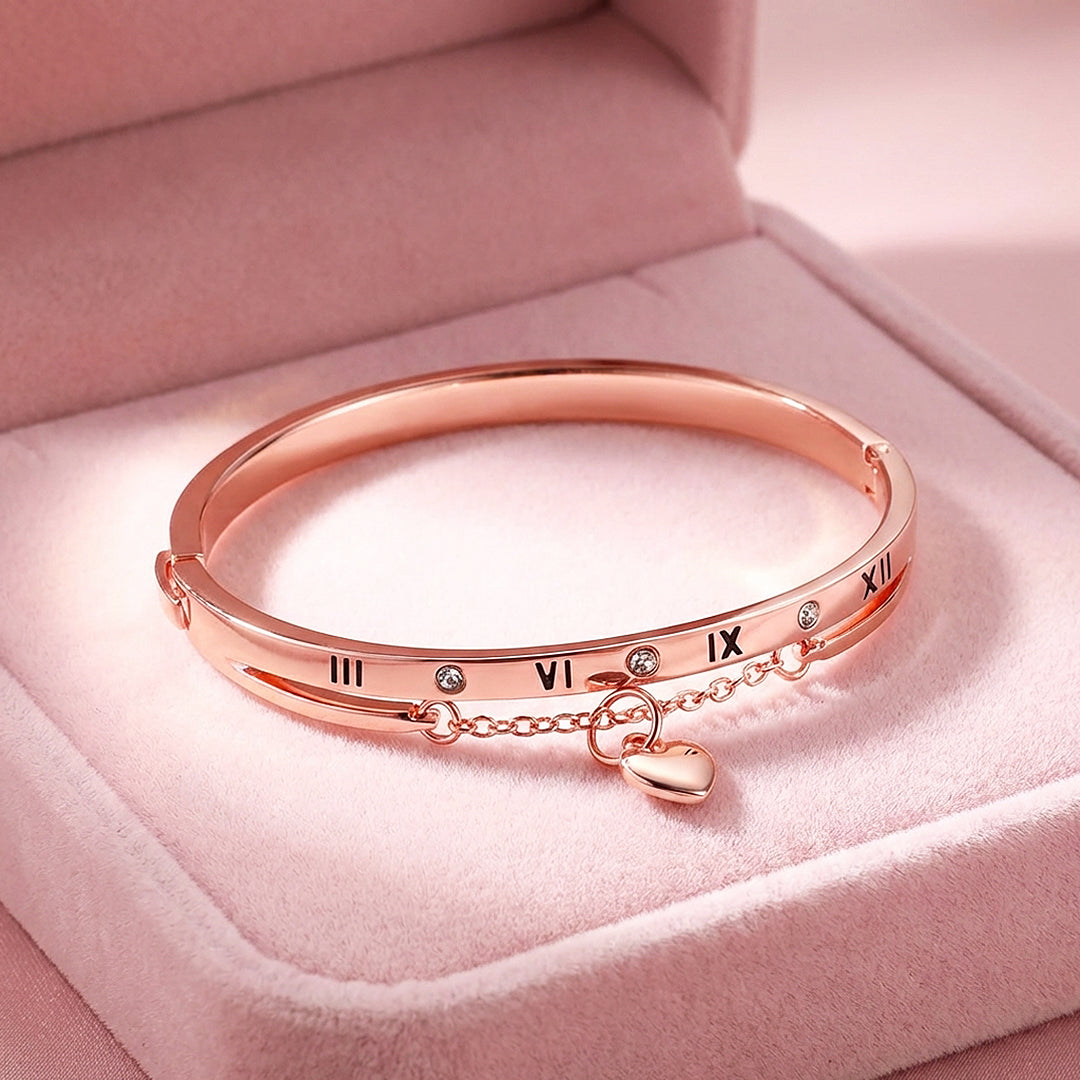 Roman Numeral Rose Gold Bangle Bracelet &amp; Heart Charm | Luxe6548 - bangle | Singapore Jewellery, Wedding Rings &amp; Gifts | Same Day Delivery | Tiara.com.sg