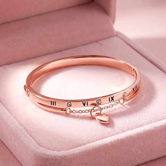 Roman Numeral Rose Gold Bangle Bracelet &amp; Heart Charm | Luxe6548 - bangle | Singapore Jewellery, Wedding Rings &amp; Gifts | Same Day Delivery | Tiara.com.sg