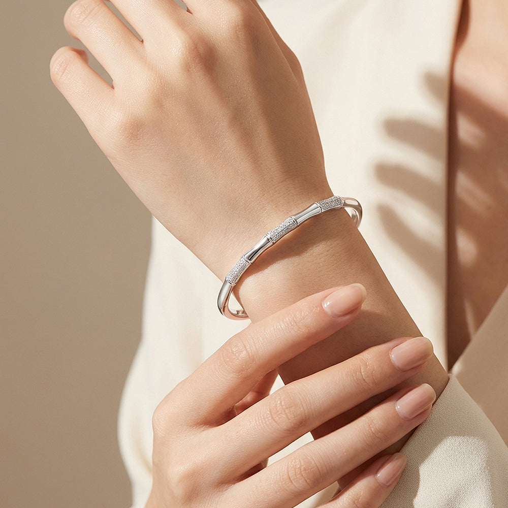 Dual-Texture Bamboo Silver Cuff Bangle Bracelet | Luxe6553 - bangle | Singapore Jewellery, Wedding Rings & Gifts | Same Day Delivery | Tiara.com.sg