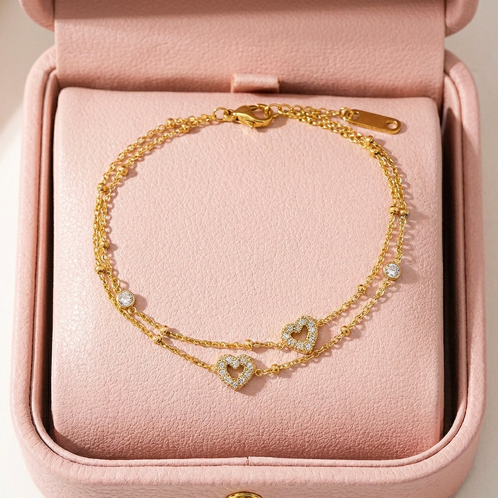 Dainty Gold Double Layer Heart Charm Bracelet | Luxe6569
