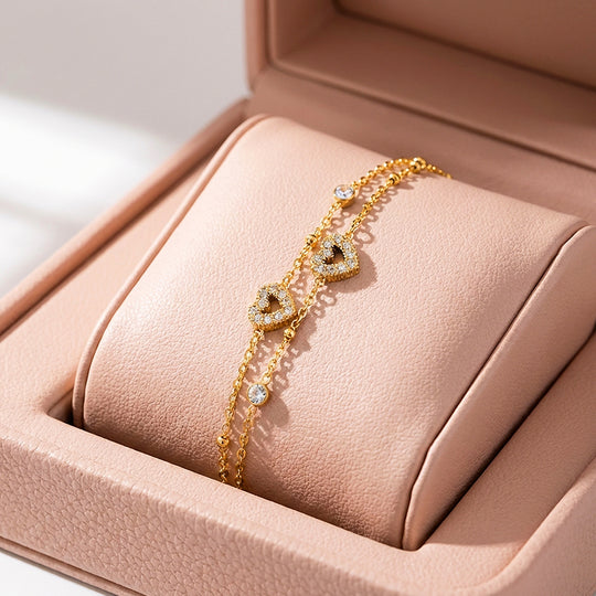 Dainty Gold Double Layer Heart Charm Bracelet | Luxe6569