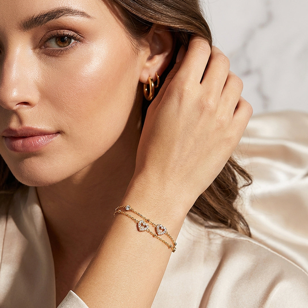 Dainty Gold Double Layer Heart Charm Bracelet | Luxe6569
