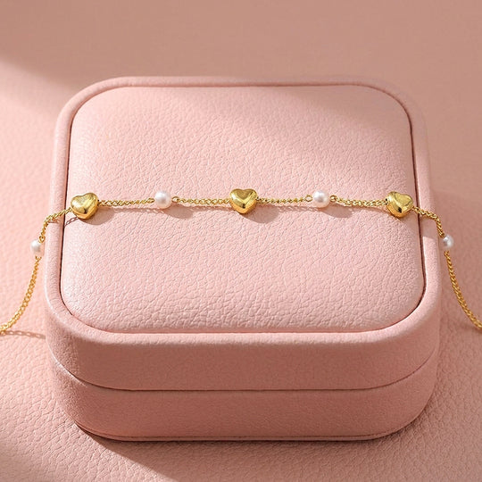 Puffy Heart &amp; Pearl Chain Bracelet | Luxe6583