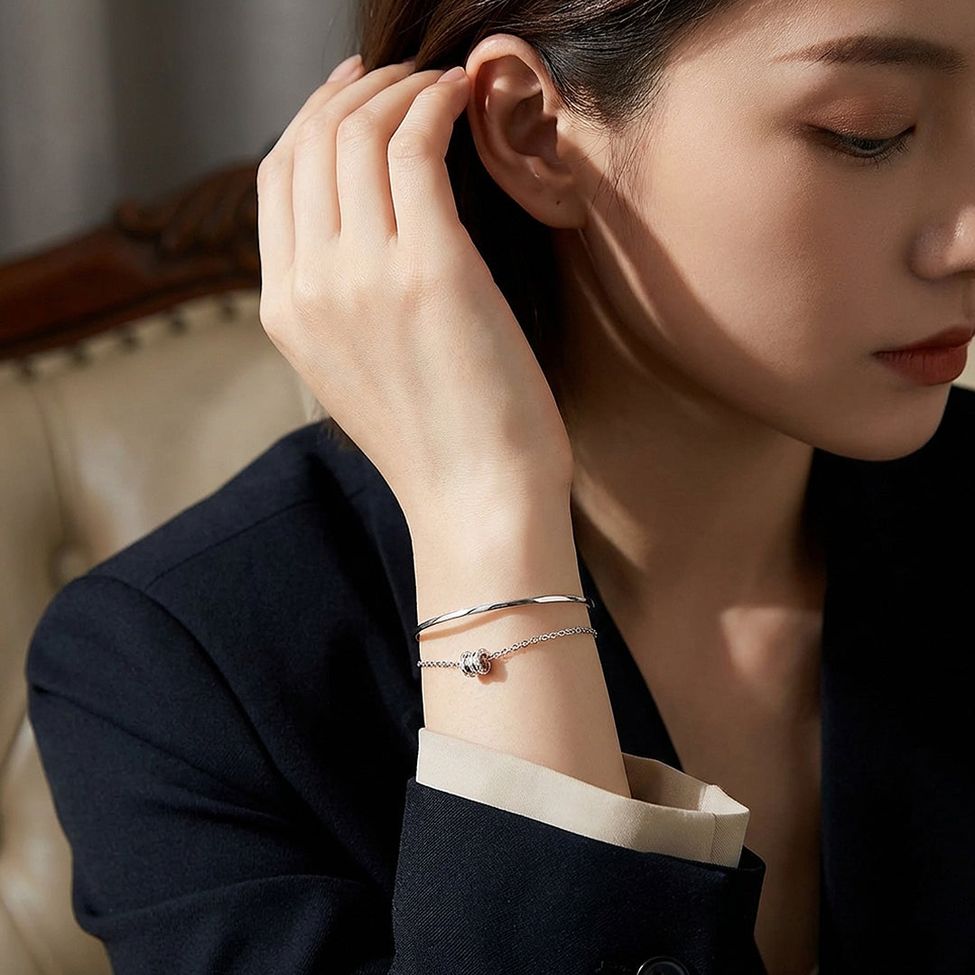 Pavé Barrel Charm Cuff &amp; Chain Layered Bracelet | Luxe6595