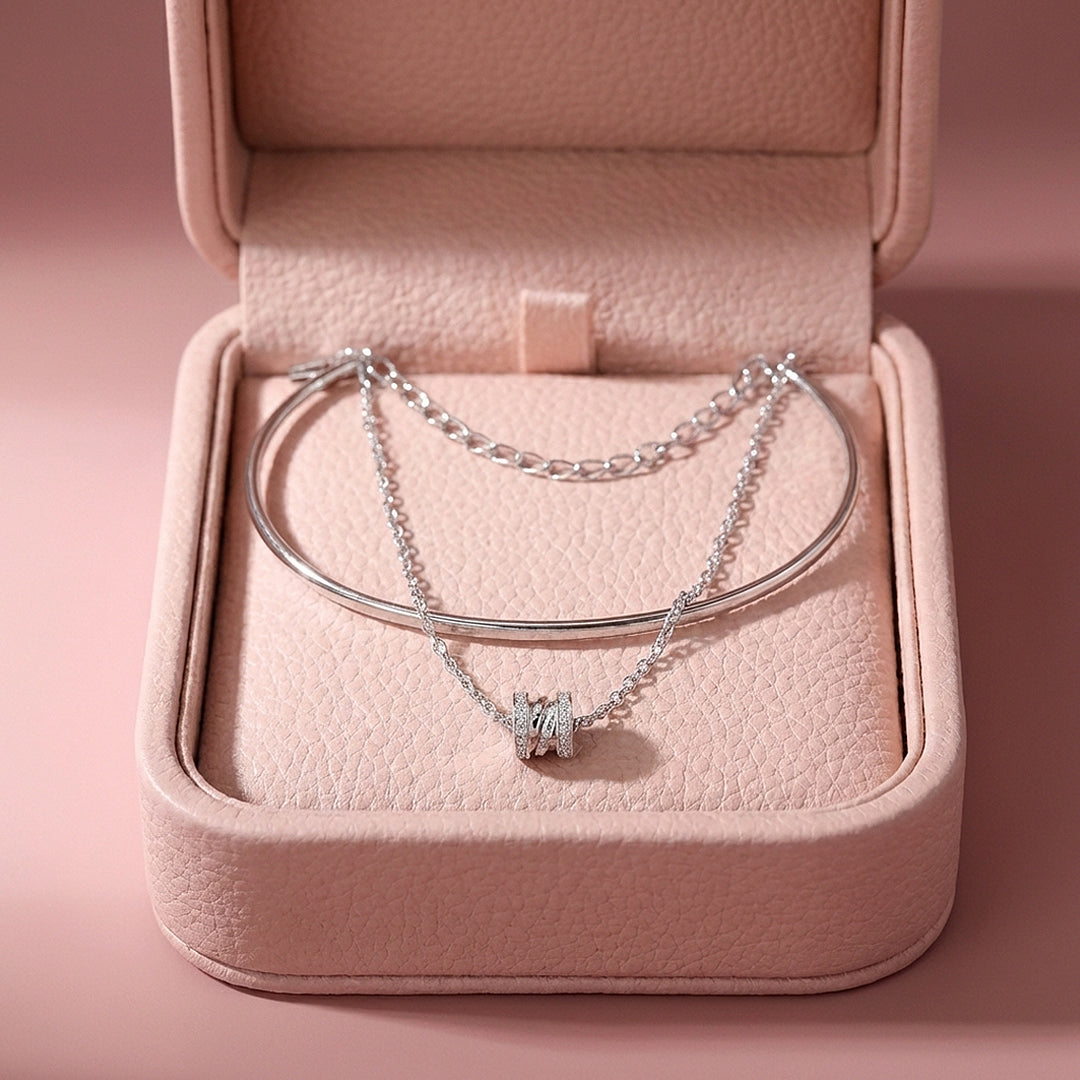 Pavé Barrel Charm Cuff &amp; Chain Layered Bracelet | Luxe6595