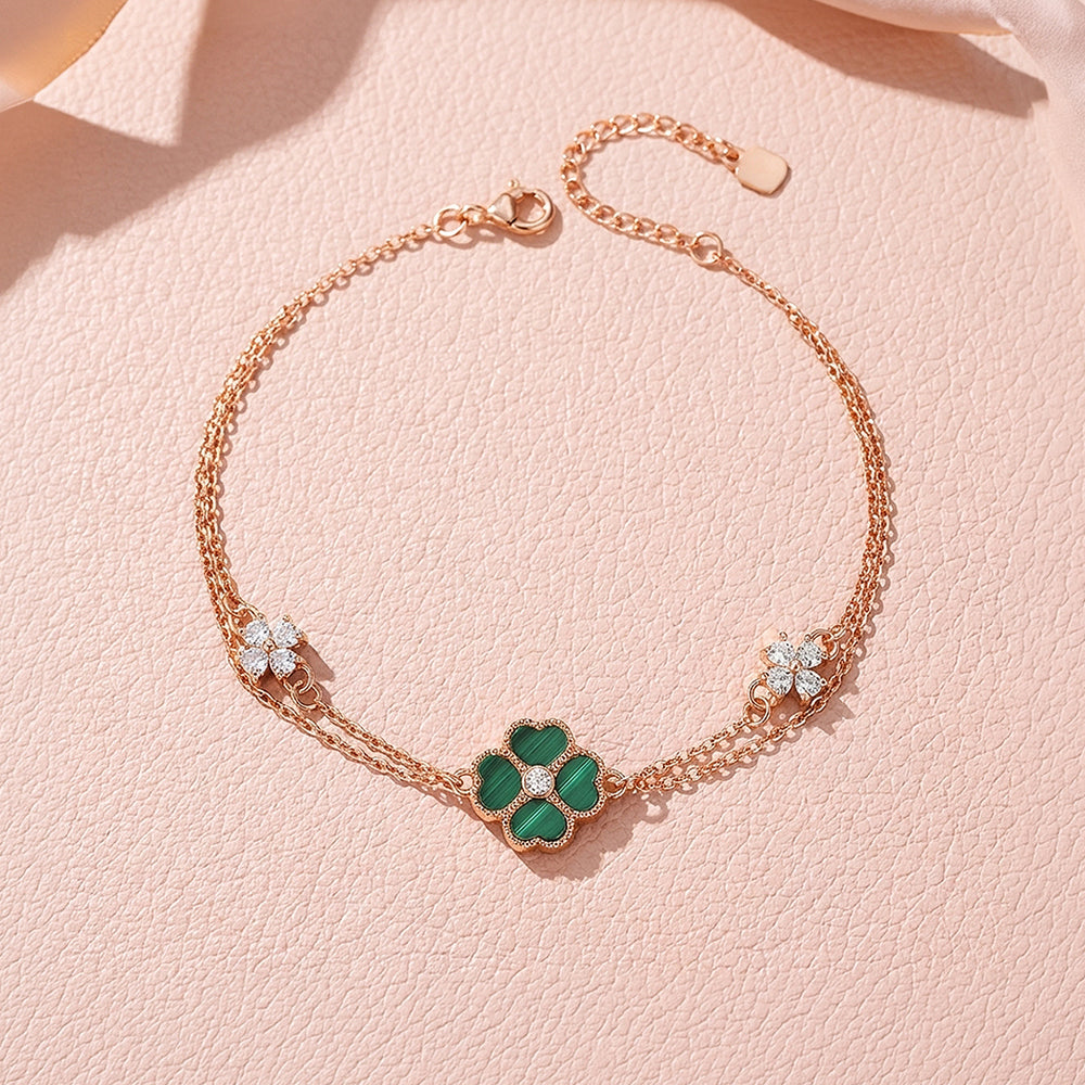 Malachite Clover Double Layer Chain Bracelet | Luxe6614