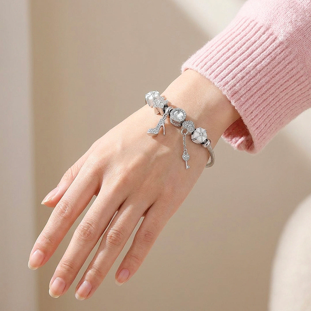 Stiletto &amp; Key Charm Bangle | Diamond Simulant | Luxe6630