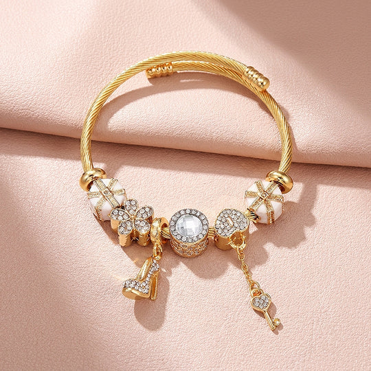 Stiletto &amp; Key Charm Bangle | Diamond Simulant | Luxe6630