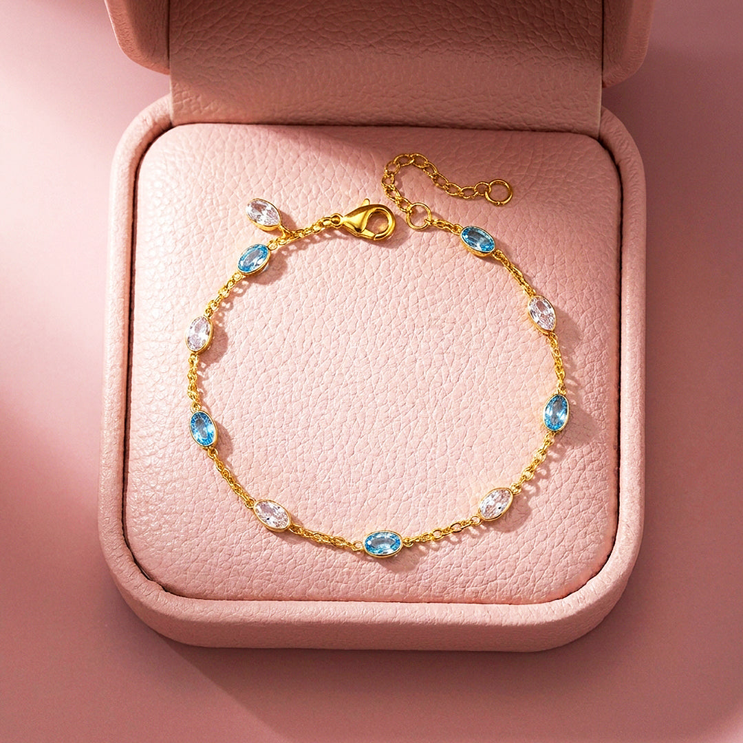 Aqua &amp; Crystal Oval Chain Bracelet | Diamond Simulant | Luxe6640