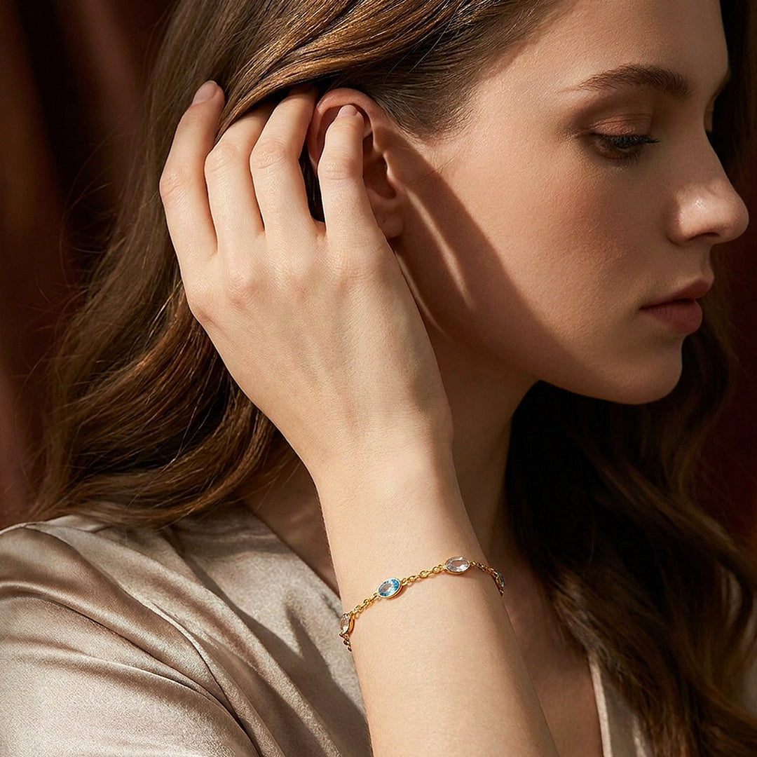 Aqua &amp; Crystal Oval Chain Bracelet | Diamond Simulant | Luxe6640
