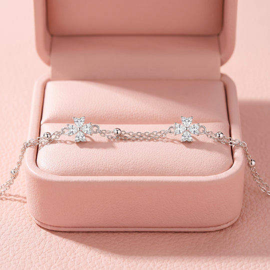 Double Chain Four Leaf Clover Bracelet | Diamond Simulant | Luxe6643
