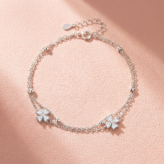 Double Chain Four Leaf Clover Bracelet | Diamond Simulant | Luxe6643