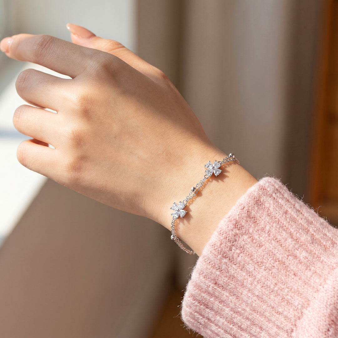 Double Chain Four Leaf Clover Bracelet | Diamond Simulant | Luxe6643
