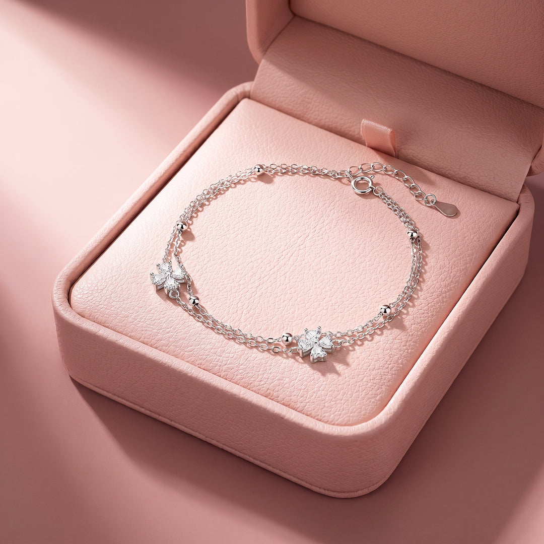 Double Chain Four Leaf Clover Bracelet | Diamond Simulant | Luxe6643