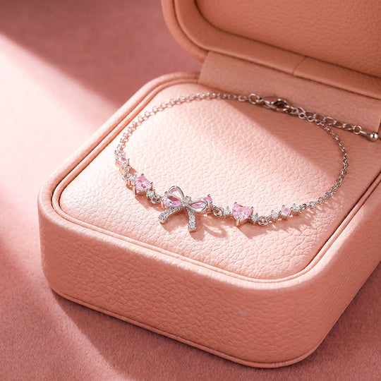 Pink Bow &amp; Hearts Bracelet | White Gold With Pink Diamond Simulant | Luxe6645