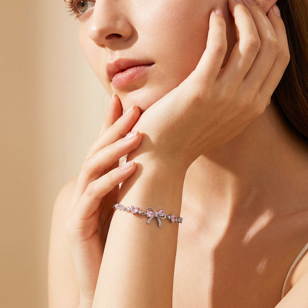 Pink Bow &amp; Hearts Bracelet | White Gold With Pink Diamond Simulant | Luxe6645
