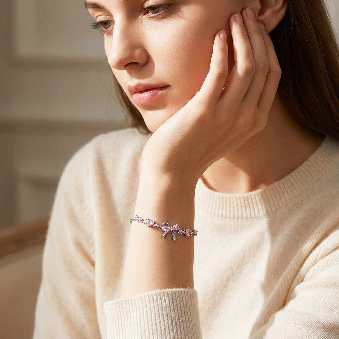Pink Bow &amp; Hearts Bracelet | White Gold With Pink Diamond Simulant | Luxe6645