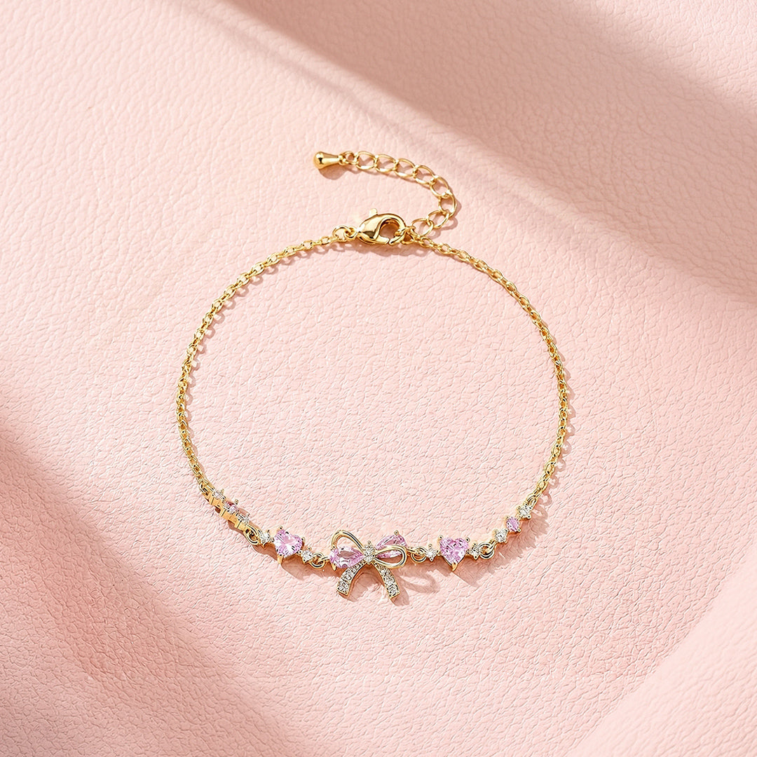 Pink Bow &amp; Hearts Bracelet | Gold With Pink Diamond Simulant | Luxe6647