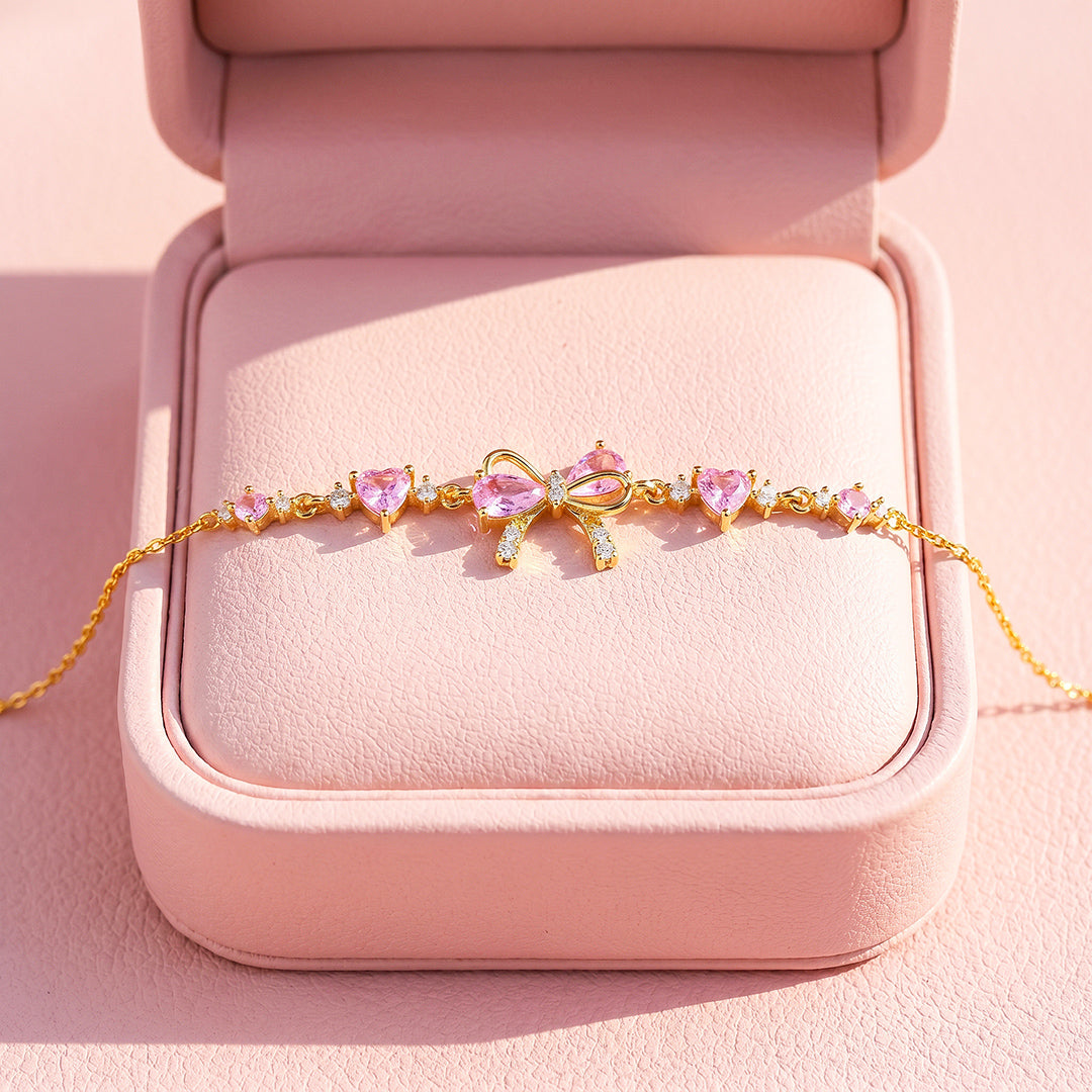 Pink Bow &amp; Hearts Bracelet | Gold With Pink Diamond Simulant | Luxe6647