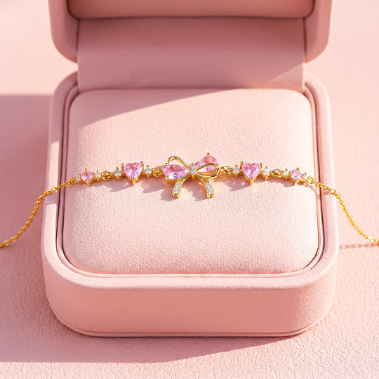 Pink Bow &amp; Hearts Bracelet | Gold With Pink Diamond Simulant | Luxe6647