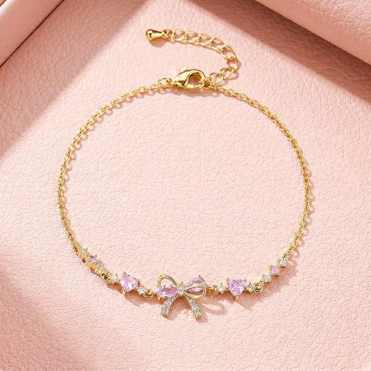 Pink Bow &amp; Hearts Bracelet | Gold With Pink Diamond Simulant | Luxe6647