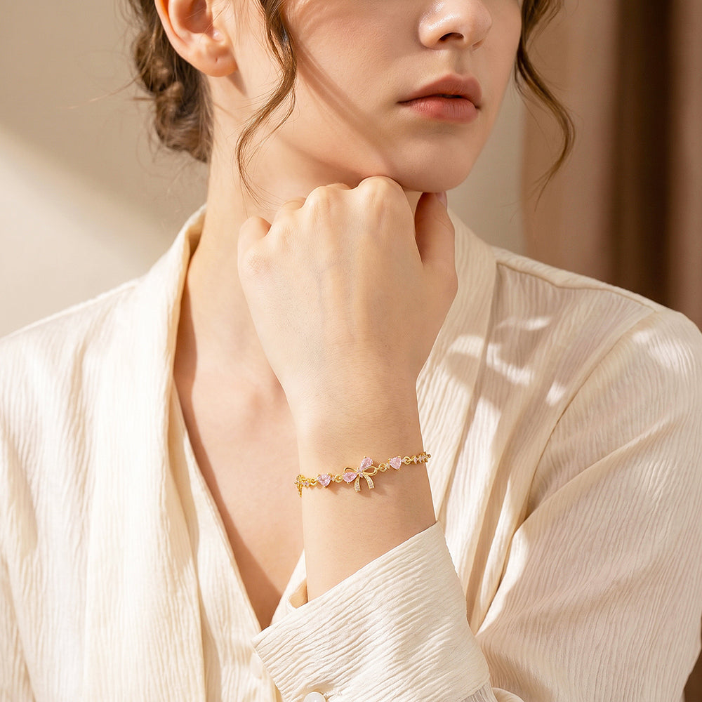 Pink Bow & Hearts Bracelet | Gold With Pink Diamond Simulant | Luxe6647