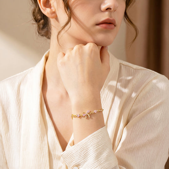 Pink Bow &amp; Hearts Bracelet | Gold With Pink Diamond Simulant | Luxe6647