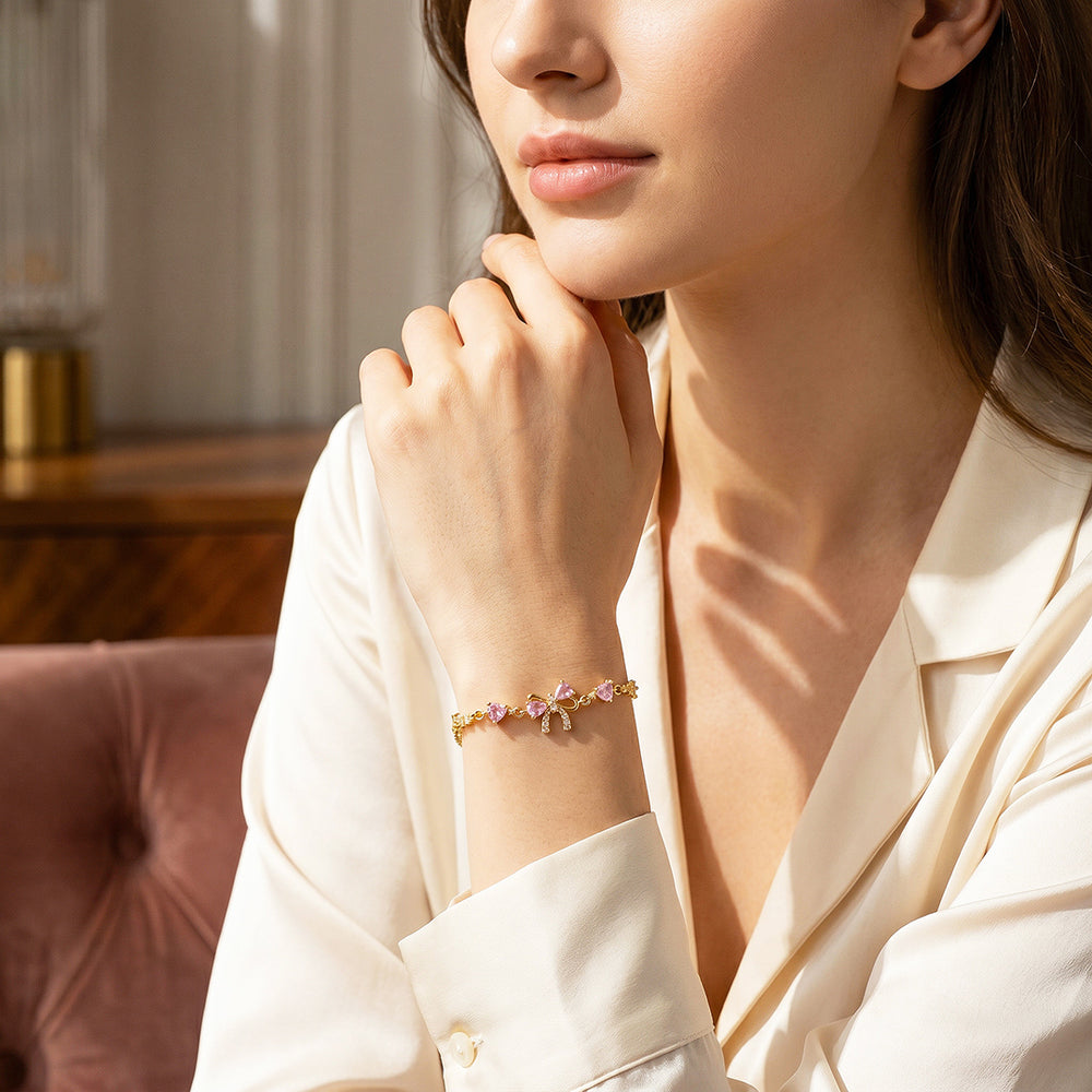 Pink Bow & Hearts Bracelet | Gold With Pink Diamond Simulant | Luxe6647