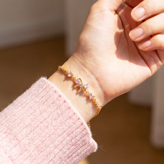 Pink Bow &amp; Hearts Bracelet | Gold With Pink Diamond Simulant | Luxe6647