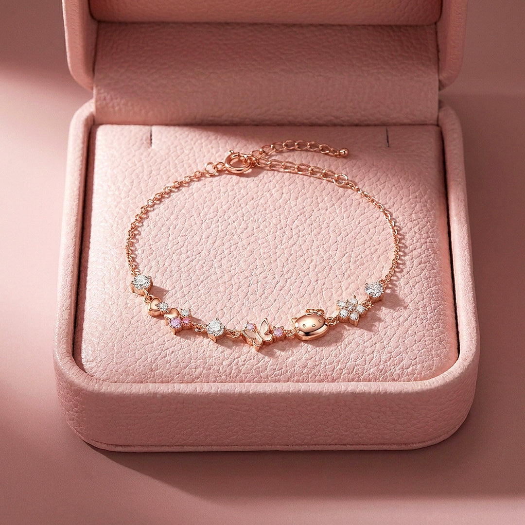 Kitty &amp; Butterfly Charm Bracelet | Diamond Simulant | Luxe6656