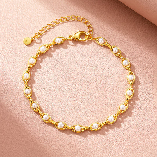 Golden Pearl Link Bracelet | Simulated Pearl | Luxe6663