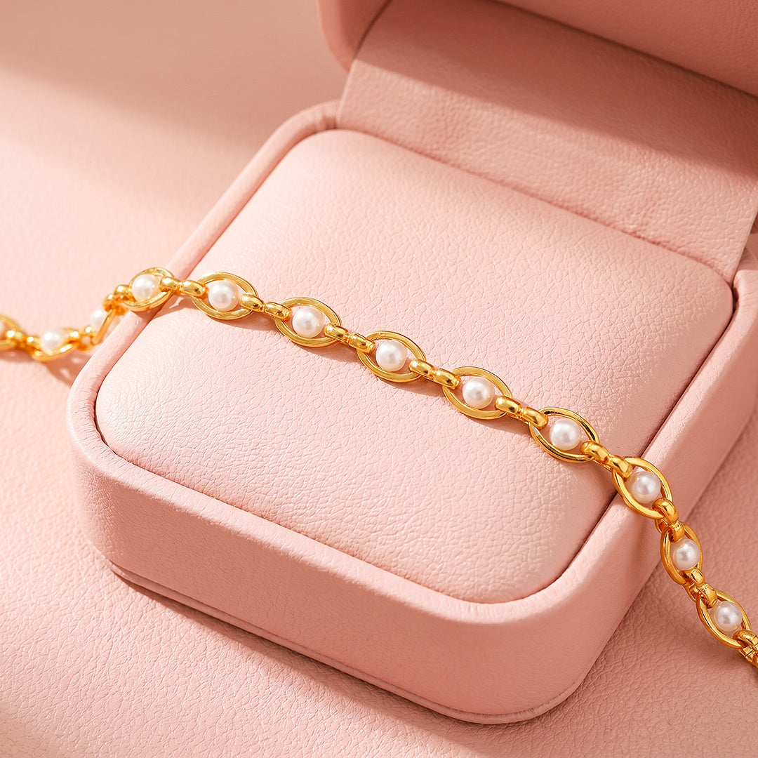 Golden Pearl Link Bracelet | Simulated Pearl | Luxe6663