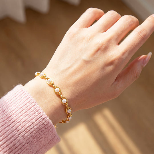 Golden Pearl Link Bracelet | Simulated Pearl | Luxe6663