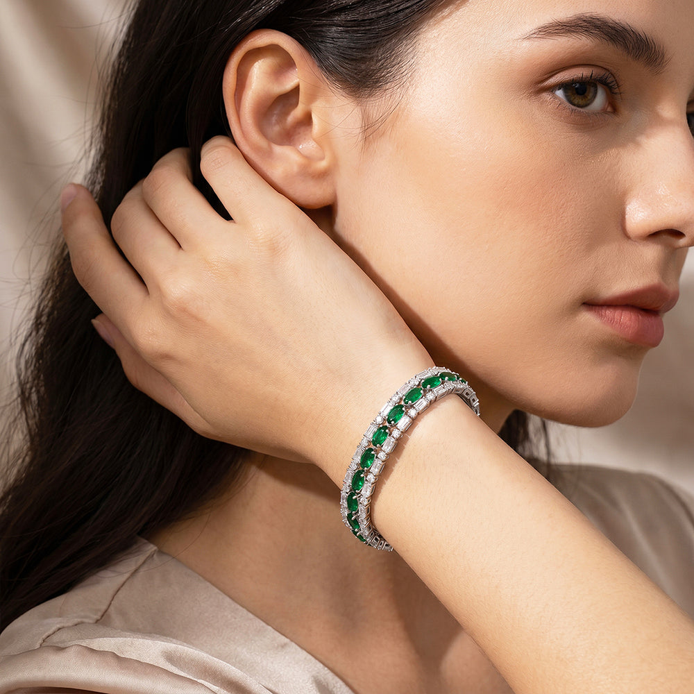 Emerald Green Marquise & Baguette Tennis Bracelet | Green & White Diamond Simulant | Luxe6670